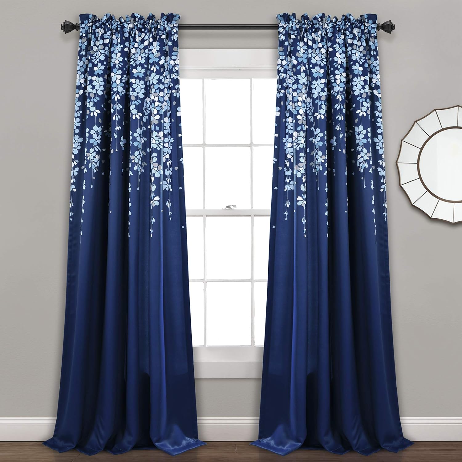 Lush Decor, Navy Weeping Flowers Room Darkening Window Panel Curtain Set (Pair), 84” x 52, 84" x 52"