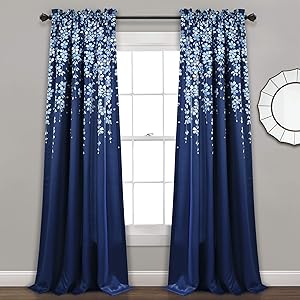 Lush Decor, Navy Weeping Flowers Room Darkening Window Panel Curtain Set (Pair), 84” x 52, 84" x 52"