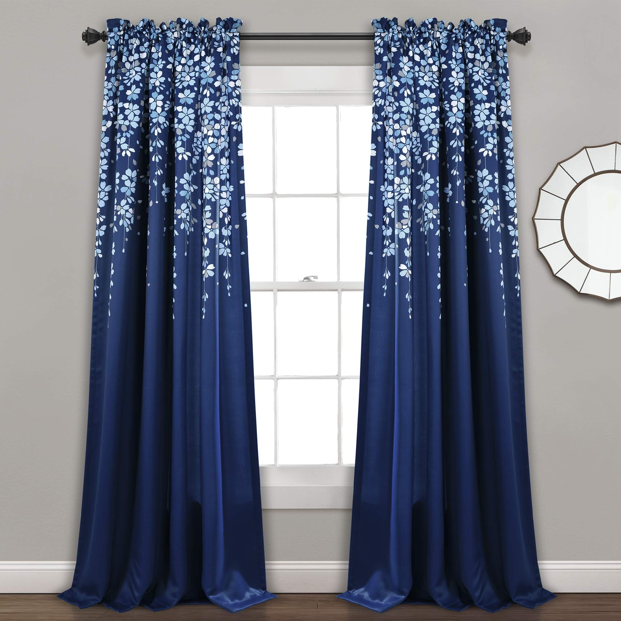 Lush Decor, Navy Weeping Flowers Room Darkening Window Panel Curtain Set (Pair), 95” x 52, 95" x 52"