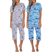 Women's Pajama Set, Short Sleeve & Capri Pants | Cartoon Print Sleepwear | Grey Coffee, X-Large