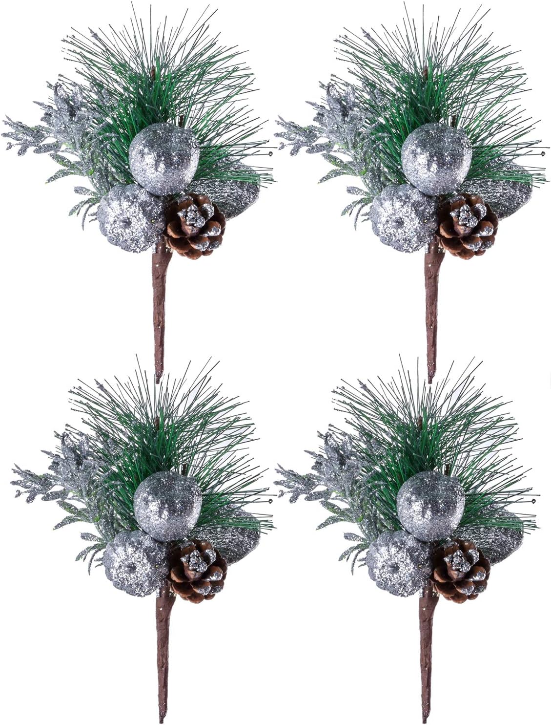 TINGOR 4 Pack Silver Glitter Christmas Picks with Artificial Pine Cone and Leaves for Christmas Flower Arrangements Wreaths and Holiday Decorations