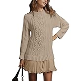 MINSURE Women Cable Knit Sweater Dress Crewneck Long Sleeve Pleated Mini Dress Twofer Style Patchwork Dress