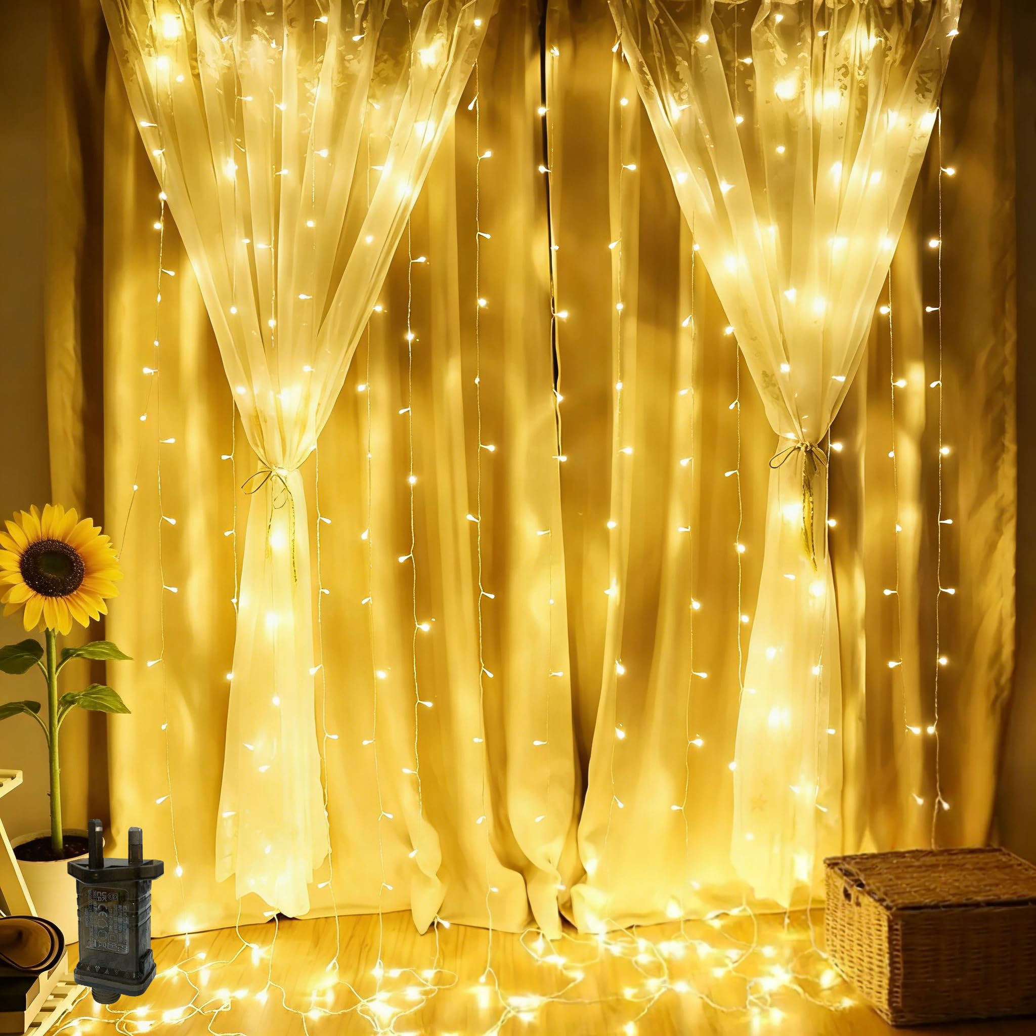 2M x 2M Curtain Lights Indoor Fairy Light Plug in,204LED Backdrop Window Curtain Lights Wall Light,Hanging Waterfall Light,8Mode,Waterproof,Connectable for Gazebo Oudoor(Warm White)