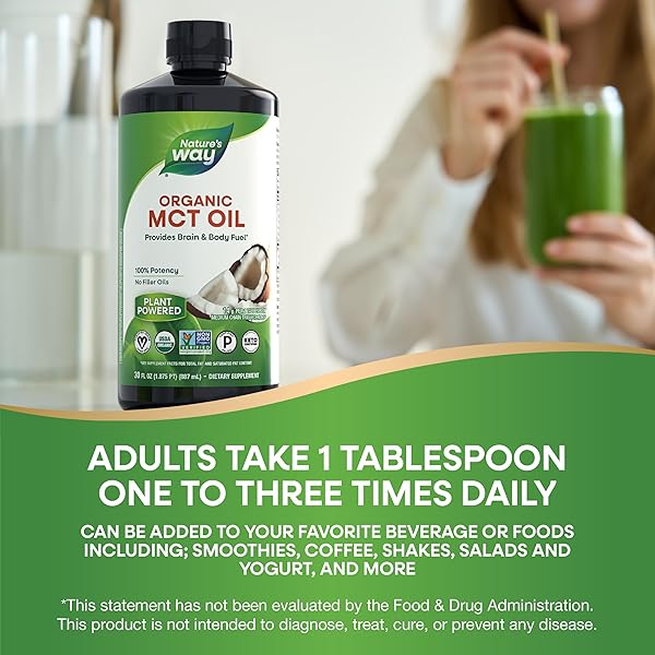 NATURE’S WAY ORGANIC MCT OIL, 30 FL OZ, BRAIN AND BODY FUEL FROM COCONUTS*, C8 CAPRYLIC ACID AND C10 CAPRIC ACID, KETO AND PALEO CERTIFIED, ORGANIC, NON-GMO PROJECT VERIFIED (PACKAGING MAY VARY)