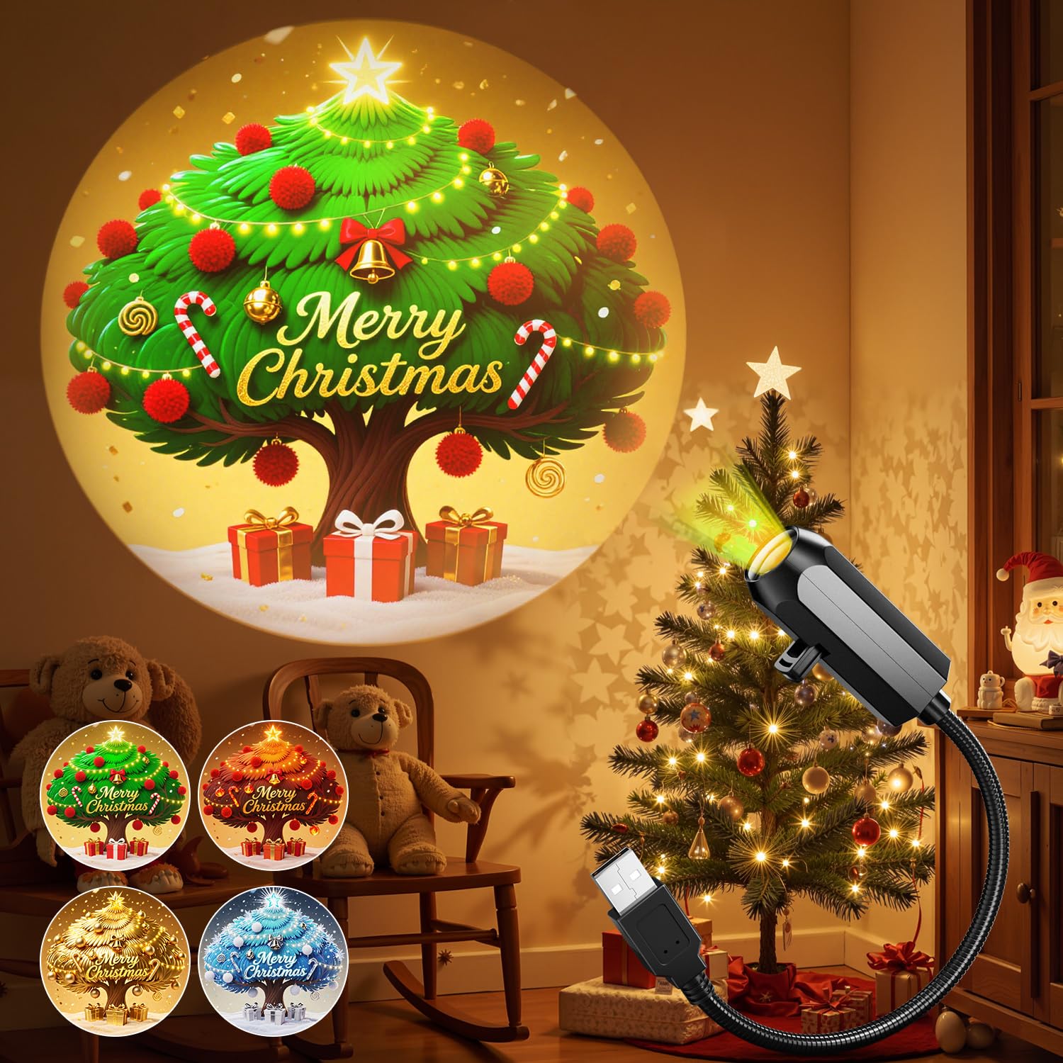 Photo 1 of POGGKT Christmas Projector Indoor, Night Light Projector, 4 Slides 35% Brighter Gooseneck USB Powered Christmas Lights Indoor Bedroom Christmas Decorations