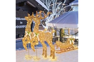 Vigdur 6FT Christmas Reindeer & Sleigh, Lighted Reindeer Outdoor Yard Decorations with Warm White LEDs, Ground Stakes, Zip Ties, Outdoor Christmas Decoration for Xmas Lawn Yard Garden