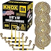 Knox Chain and Binder Kit 3/8in-1/2in, G70 Chains Ratchet Load Binders 9200lbs Working Strength, (4) Ratchet Binders and Chains, (4) 3/8in x 10ft G70, for Truck, Tie Down, Hauling, Towing