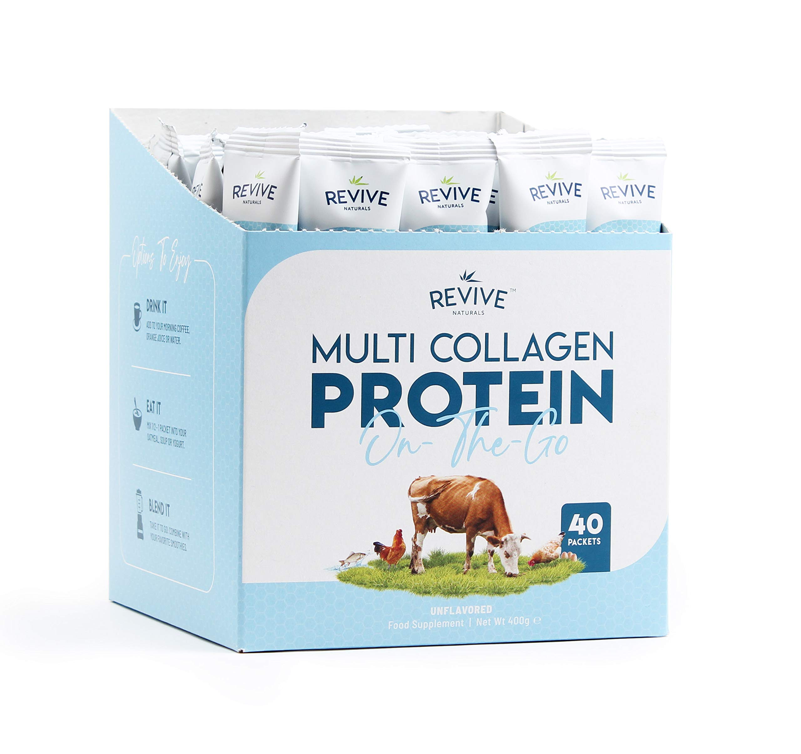 Multi Collagen Protein Powder Packets - Types I, II, III, V & X - Hydrolyzed Grass Fed Bovine, Wild Caught Fish, & Free-Range Chicken & Eggshell Collagen (10g Each, 40 Packets) by Revive Naturals