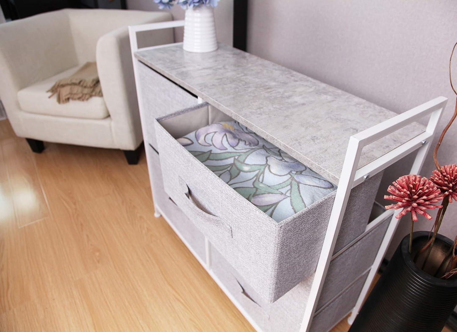 East Loft Storage Cube Dresser Organizer for Closet, Nursery, Bathroom, Laundry or Bedroom 5 Fabric Drawers, Solid Wood Top, Durable Steel Frame Light Grey : Baby