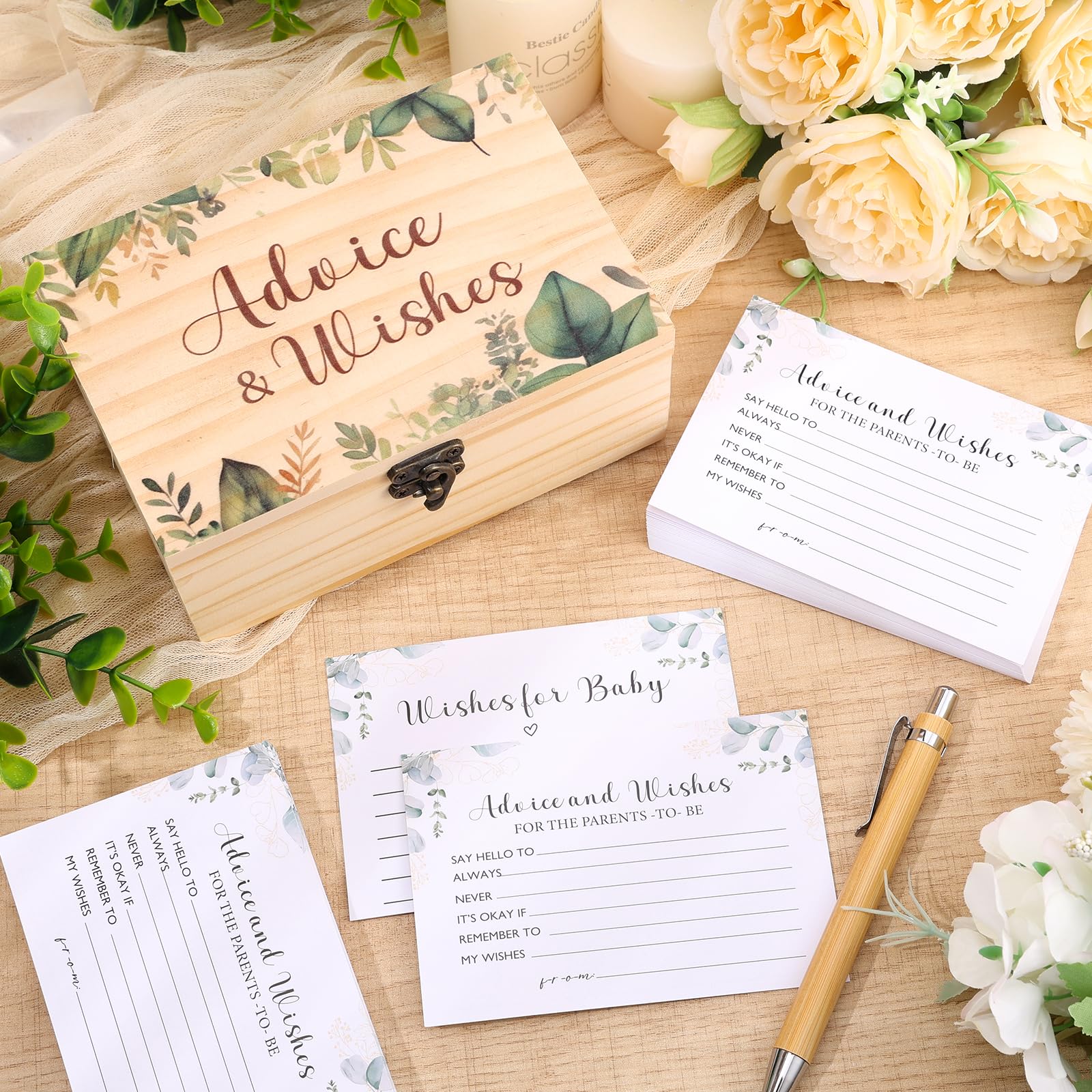 Photo 1 of 60 Pcs Baby Shower Advice Cards for Parents to Be Advice and Wishes Cards Wooden Box Baby Shower Game Party Decorations