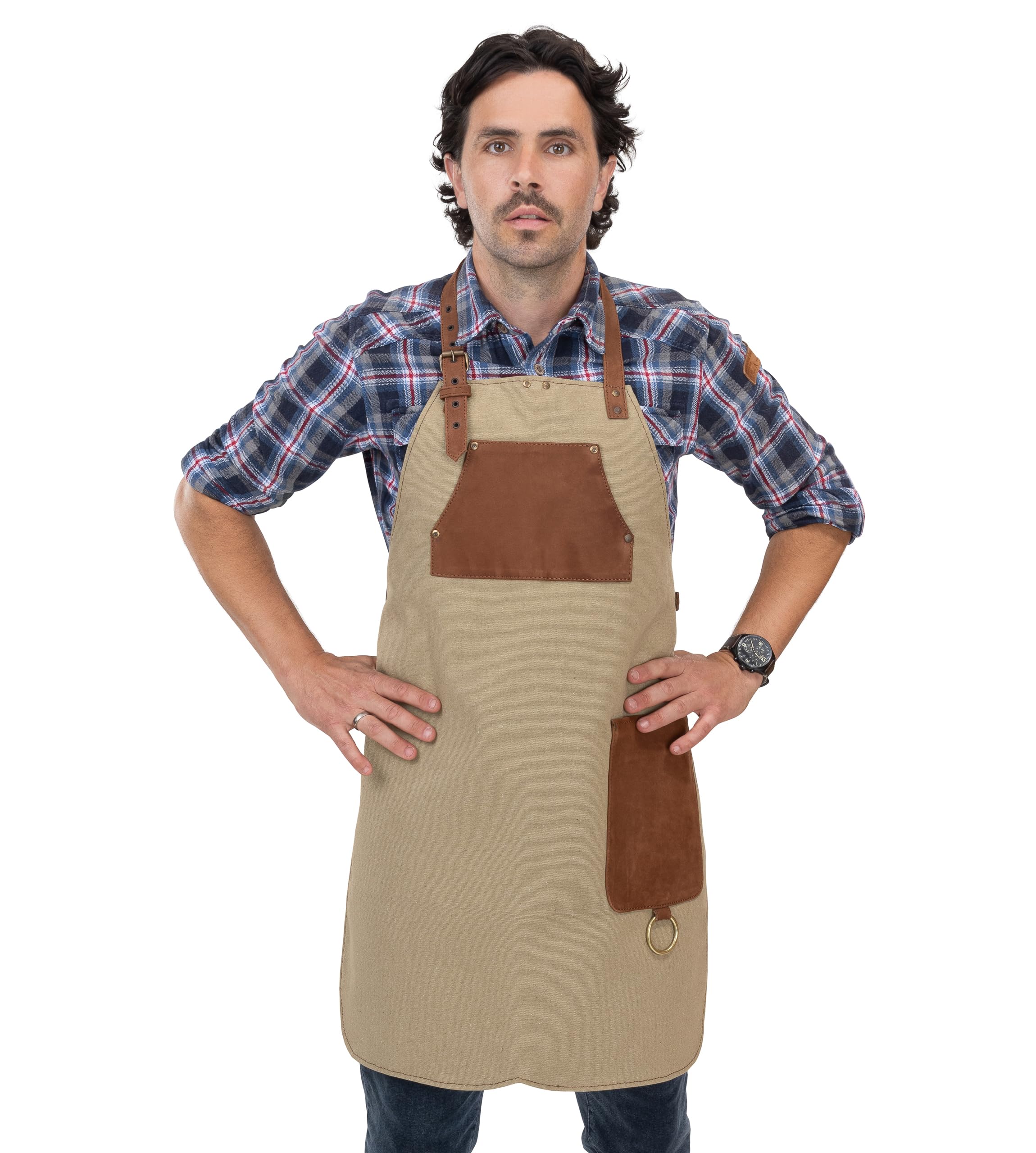 Angus Stoke Hayden Cooking Apron Made of High Quality Canvas Cloth & Genuine Leather - Variable BBQ Apron with Leather Strap - Apron for Kitchen, BBQ & Barista, Canvas beige, One Size