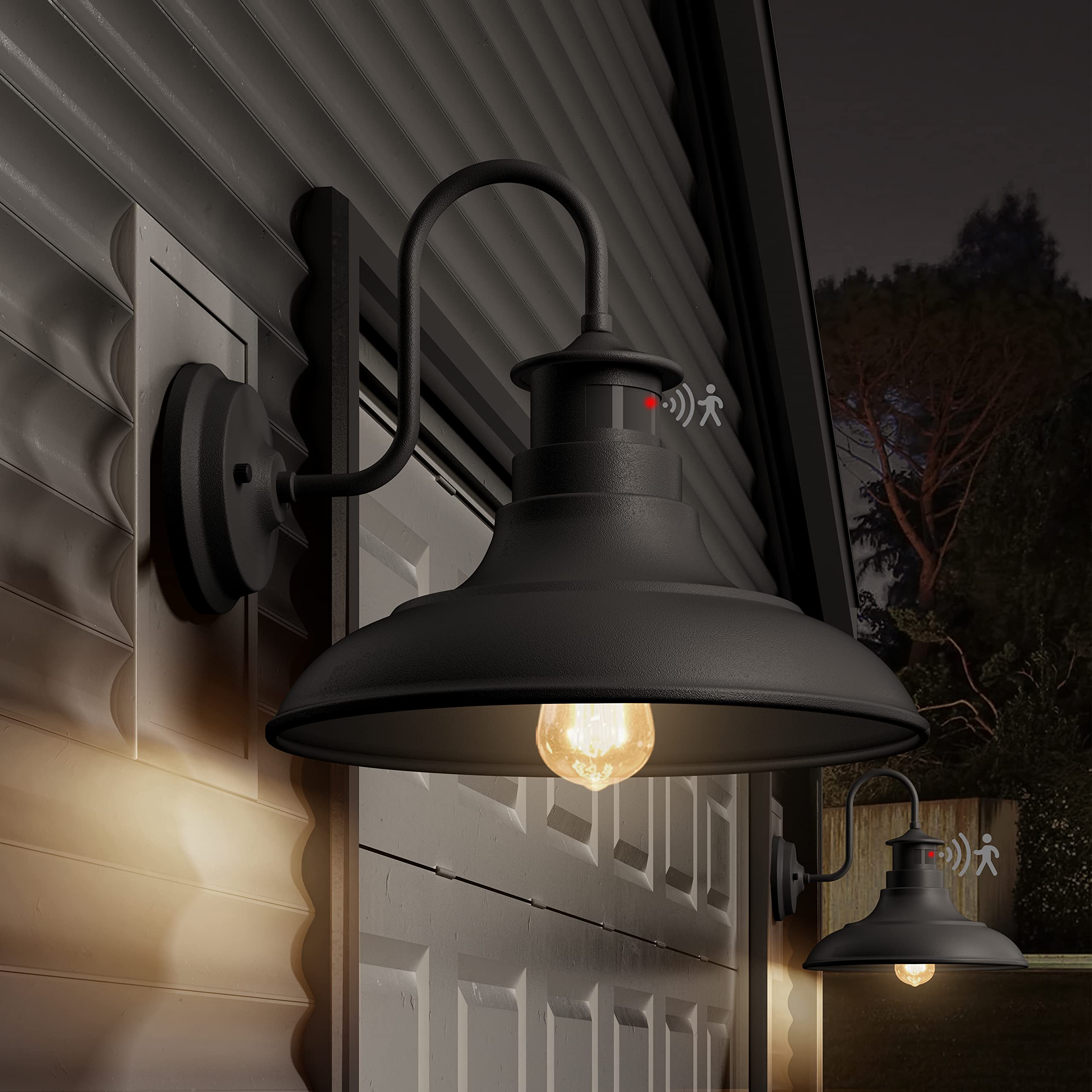 Photo 1 of 2 Pack Farmhouse Gooseneck Wall Sconce Barn Lights,Motion Sensor and Dusk to Dawn Outdoor Wall Mount Lighting Fixtures,3 Modes Exterior Porch Light IP65 Waterproof E26 Matte Black Wall Lamp for Patio