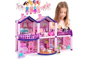 Dollhouse with 4 Princesses, 4 Unicorns, Dog, Furniture and Accessories - Pink and Purple Dream Doll House Toy for Little Gir