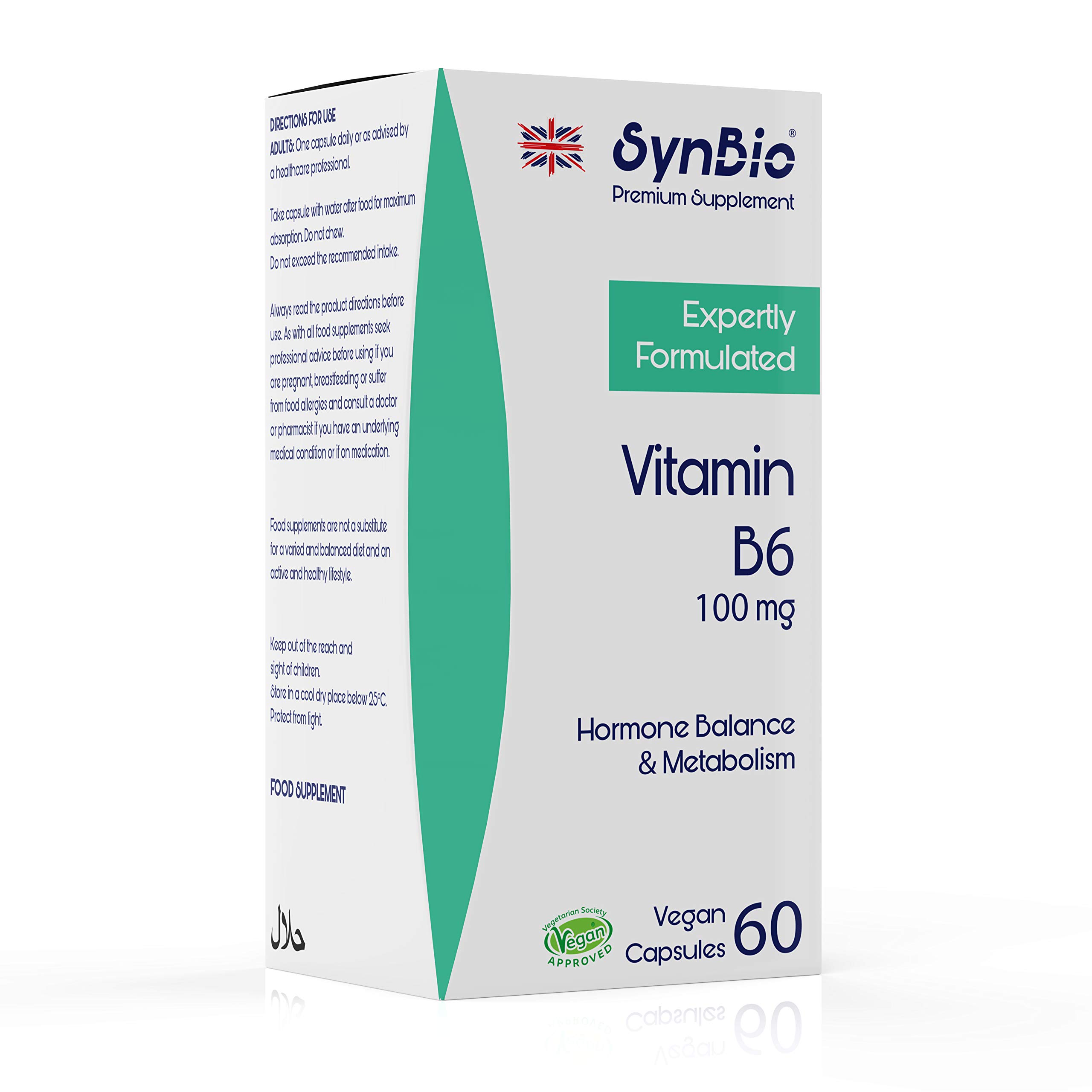 SynBio Premium - Vitamin B6 100mg Capsules | Vegan | Pyridoxine | Supports Regulation of Hormonal Activity | Reduces Fatigue | Promotes Red Blood Cell Formation | Made in The UK