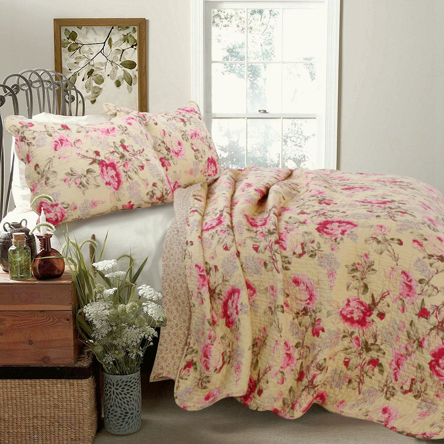 Cozy Line Home FashionsLelia Pink Rose Blooming Floral Vintage Yellow 100% Cotton Reversible Quilt Bedding Set, Coverlet Bedspread (Rose Vivid, King - 3 Piece)