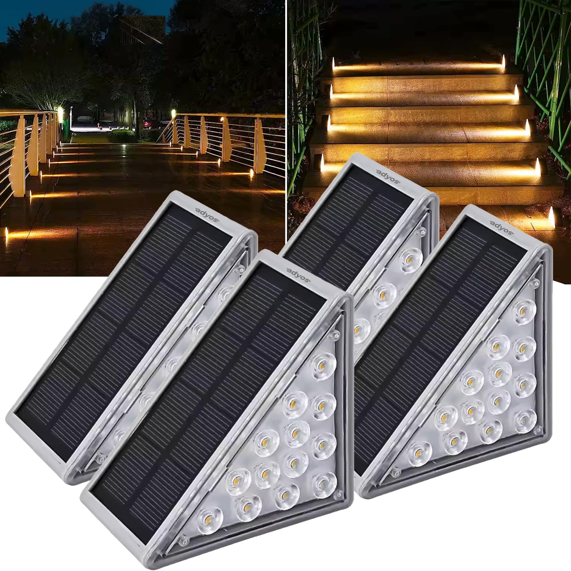 Adyos 4 Pack Solar Step Lights Outdoor, Outside Waterproof LED Deck and Stair Lights, Triangle Solar Powered Decorative Lighting for Garden & Patio & Porch & Yard & Pathway & Walkway (Warm White) — image 1