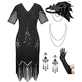 SWEETV YESSA Women's Flapper Dresses 1920s Fringed Sequin Great Gatsby Dress with 20s Accessories -Roaring 20s Costumes