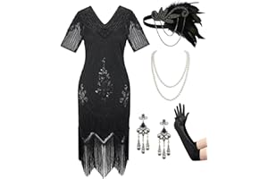 SWEETV Women's Flapper Dresses 1920s Fringed Sequin Great Gatsby Dress with 20s Accessories -Roaring 20s Costumes