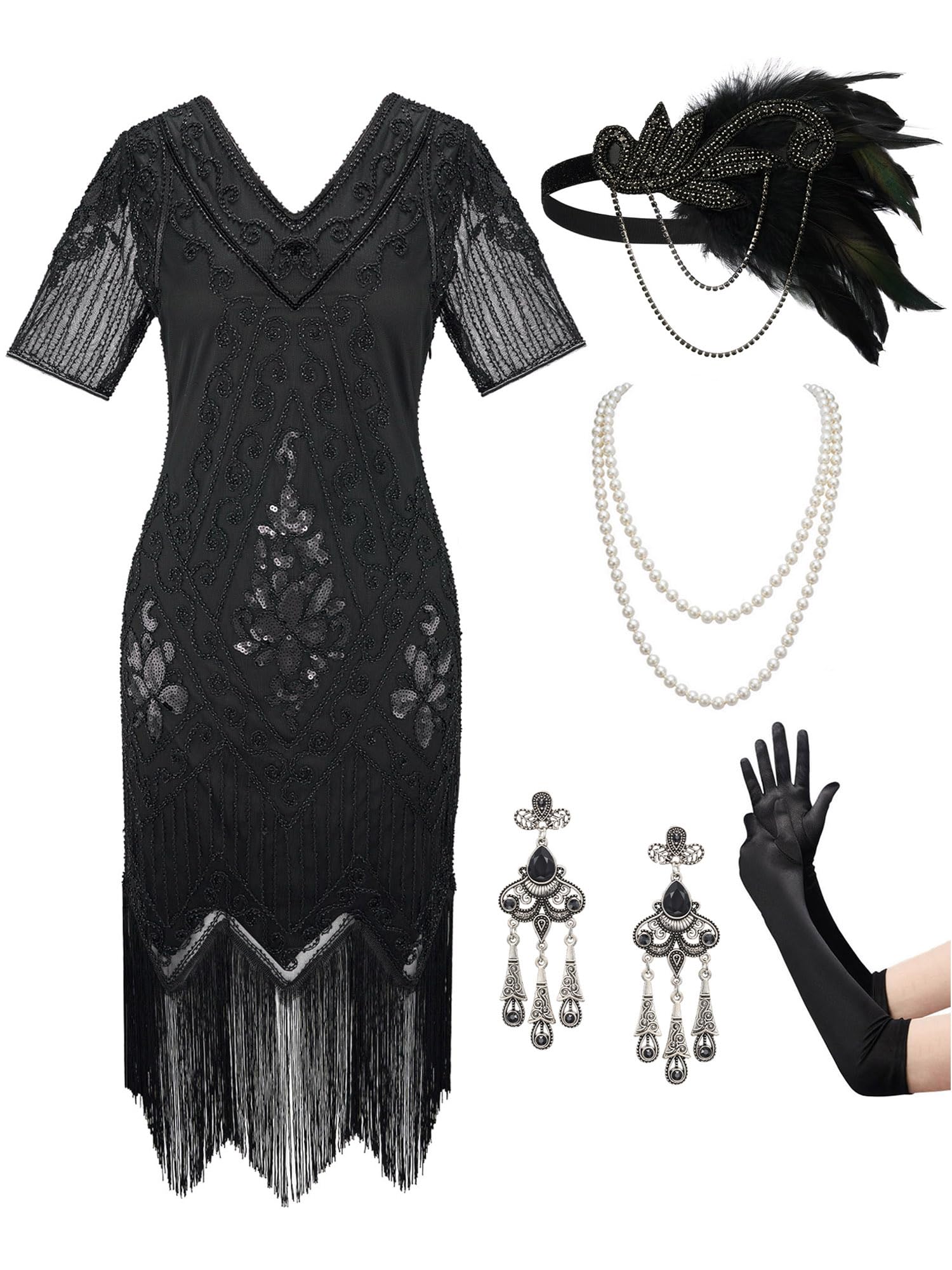 Photo 1 of ***ACCESSORIEES ONLY/MISSING DRESS **** SWEETV Women's Flapper Dresses 1920s Fringed Sequin Great Gatsby Dress with 20s Accessories -Roaring 21s Costumes Black 3X-Large