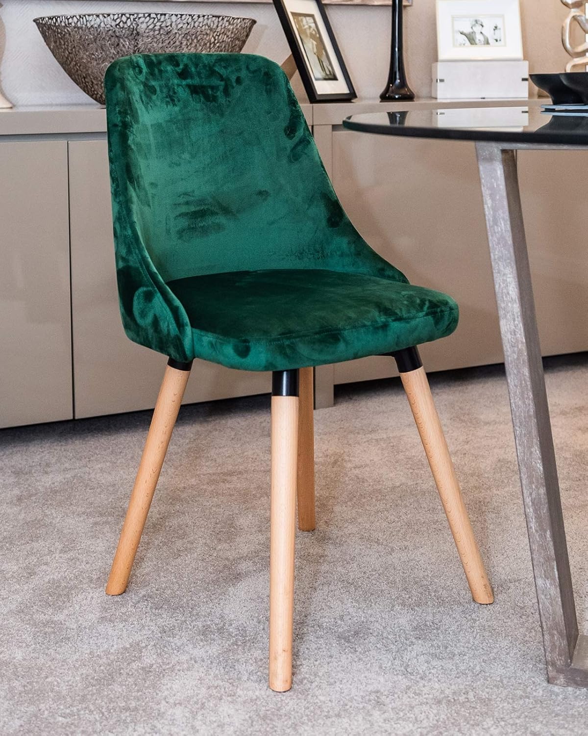 SR Dining Chairs Soft Velvet Seat Wooden Look Metal Legs Modern Green
