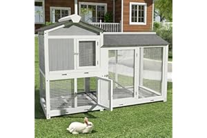 Recaceik Rabbit Hutch Indoor Outdoor Bunny Cage 63” Guinea Pig Cage Chicken Coop 2 Story Rabbit House with Removable Trays Waterproof Roof, Pet Furniture for Small Medium Animals, White