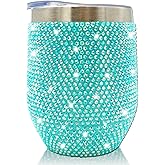 XMYAINA 12 oz Bling Wine Tumbler with Lid Rhinestone Insulated Wine Glass Tumbler Double-Wall Vacuum Stainless Steel Coffee Mug Sparkly Travel Cup for Beer Champaign Cocktail (Aqua Blue)