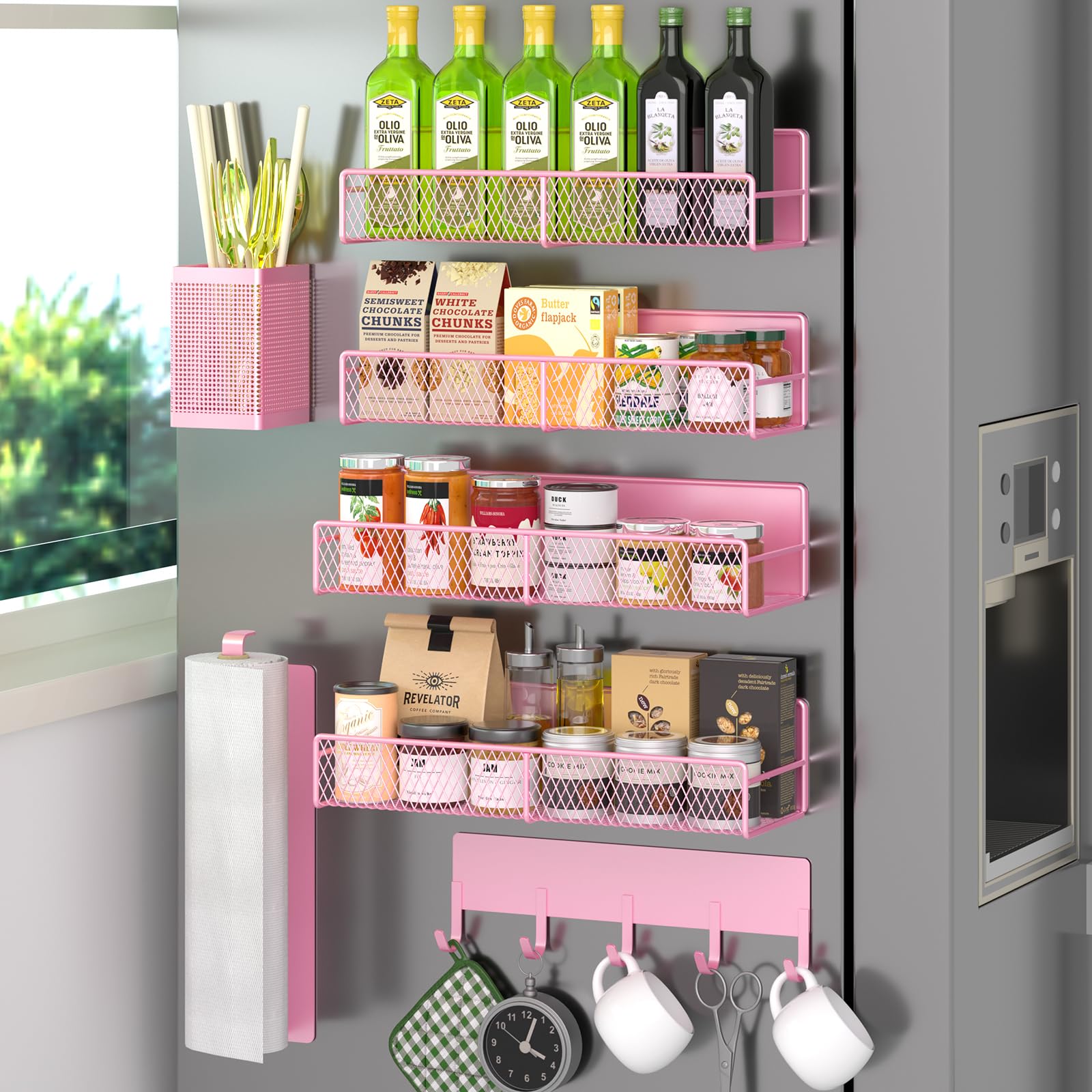 Magnetic Spice Rack for Refrigerator, 7 Pack 100% Metal Strong Magnet Shelves, Kitchen Spice Organizer W/ Hook Rack, Paper Towel Holder, Utensils Caddy, Home Laundry Room Storage Organization (Pink) Image