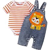 ODIMAME Baby Boy Clothes Newborn Striped Romper Summer Outfits + Infant Cartoon Animals Jeans Suspender Overalls 0-18 Months