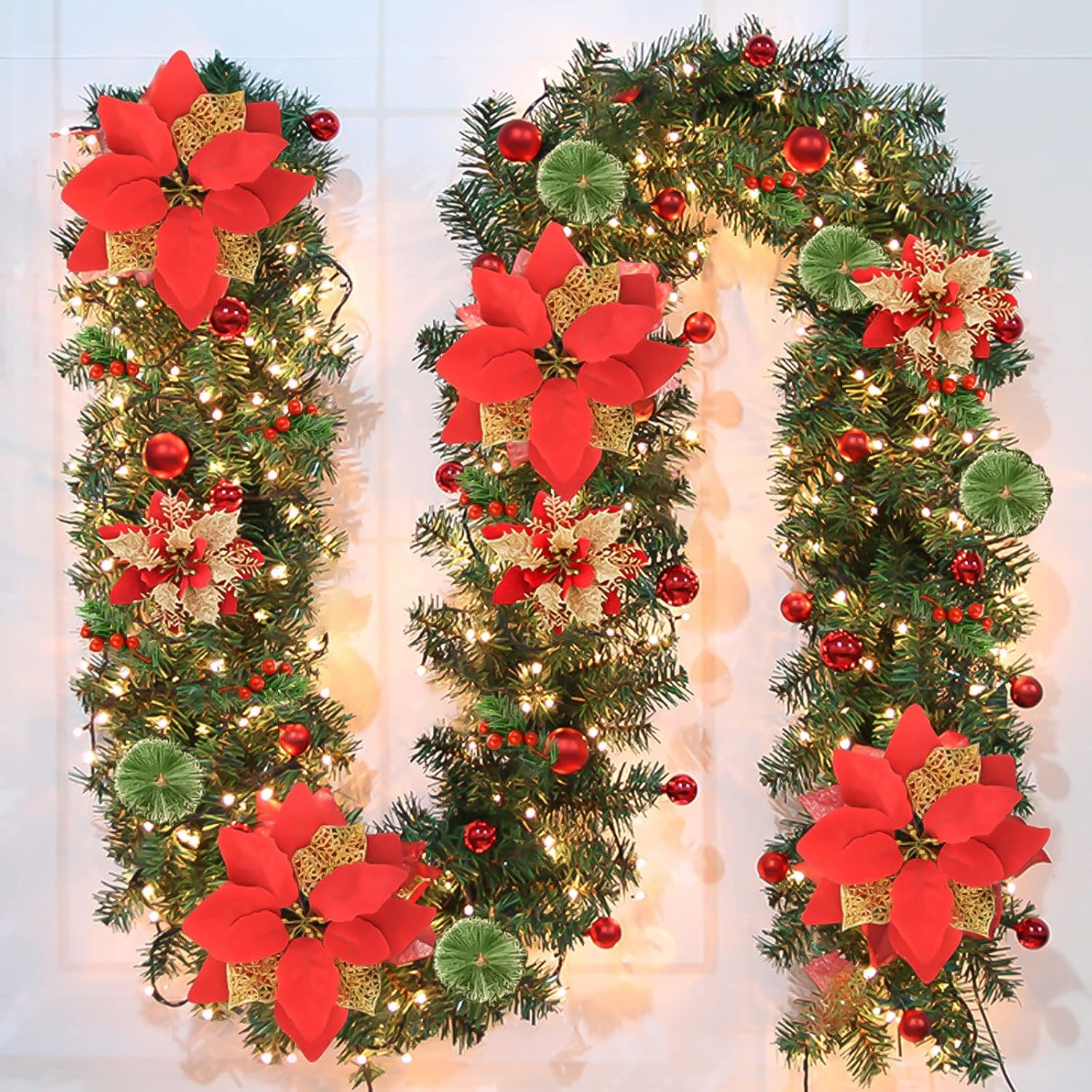 Wreaths, Garlands & Swags - Christmas Garland with Lights, 9FT Pre-Lit Artificial Christmas Green Garland for Stair Decorations with Spruce, Red Flowers, Berry Clusters for Indoor Fireplaces, Chimneys, Railings Outdoor Decor