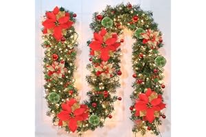 TIMIYOU 9Ft Pre-lit Christmas Garland with LED Lights Battery Operated, Holiday Decoration Stairs Wall Mantle Door Indoor Outdoor, Decorated with Red Flower, Balls, Berries, Snowy Pine, Christmas Collection