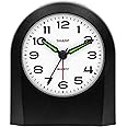 Sharp Small Battery Operated Analog Alarm Clock Silent No Ticking, Lighted on Demand and Snooze, Beep Sounds, Gentle Wake, Ascending Alarm, Black