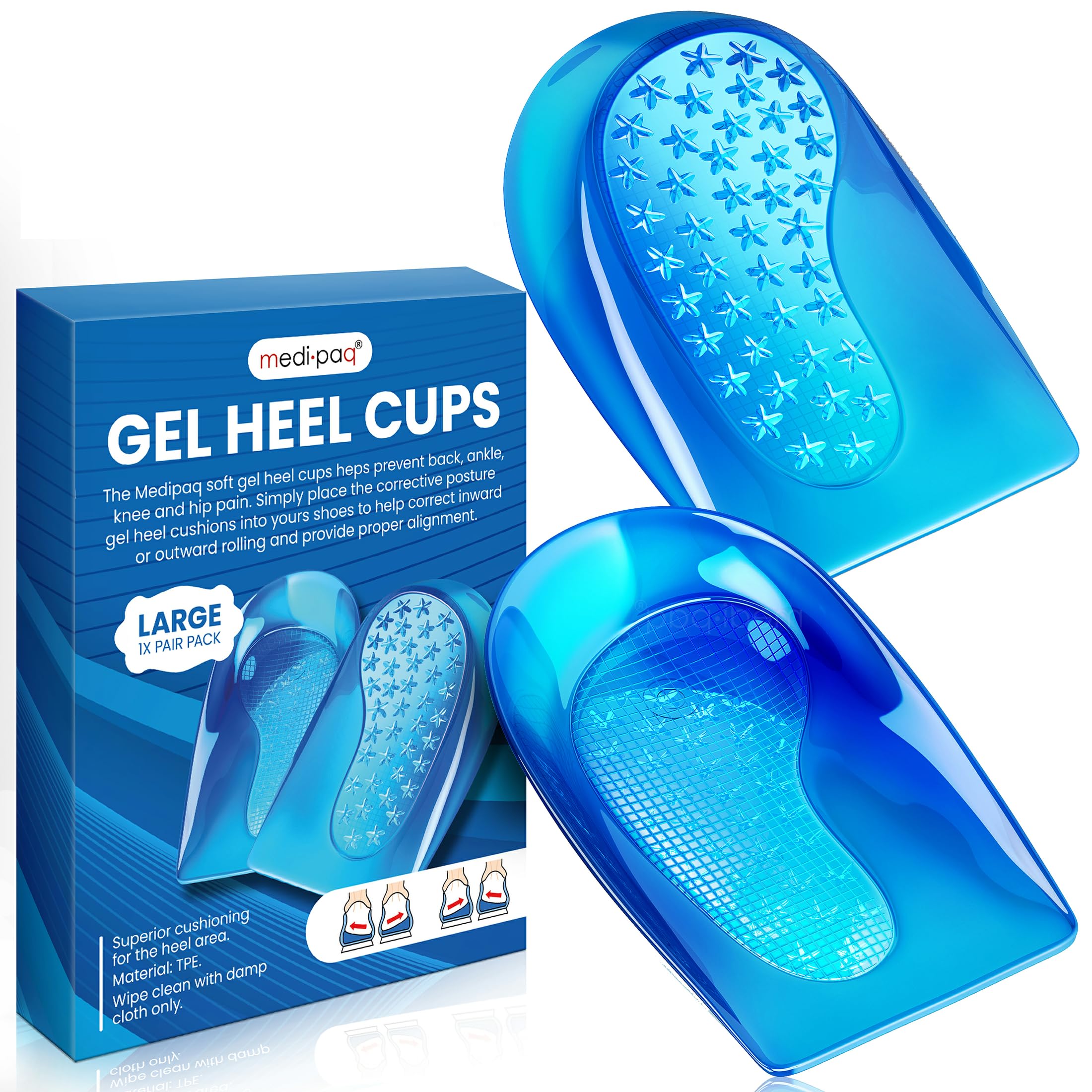 Medipaq Posture Correcting Gel Heel Levelling Supports - Angled Design Corrects Pronation or Supination - Plantar Fasciitis-Large