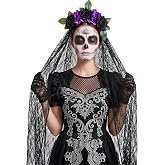 WILLBOND Day of The Dead Veil Headpiece, Purple Black, Wicked Gothic Style | Floral Crown with 39.4 Inch Lace Veil, Day of The Dead Costume, Catrina Costume for Women, Halloween Hair Cosplav Accessory