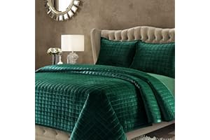 Tribeca Living Velvet Queen Quilt Set, Three-Piece Box Stitch Bedding, Includes Oversized Quilt & Two Shams, 260GSM Super Soft Velvet, Emerald Green