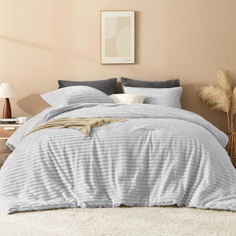 Set di biancheria da letto per letto queen size, soffice e super morbido, grigio chiaro, per letto queen size, in caldo pile invernale, set di biancheria da letto in pelliccia sintetica, 3 — foto 5 di 7