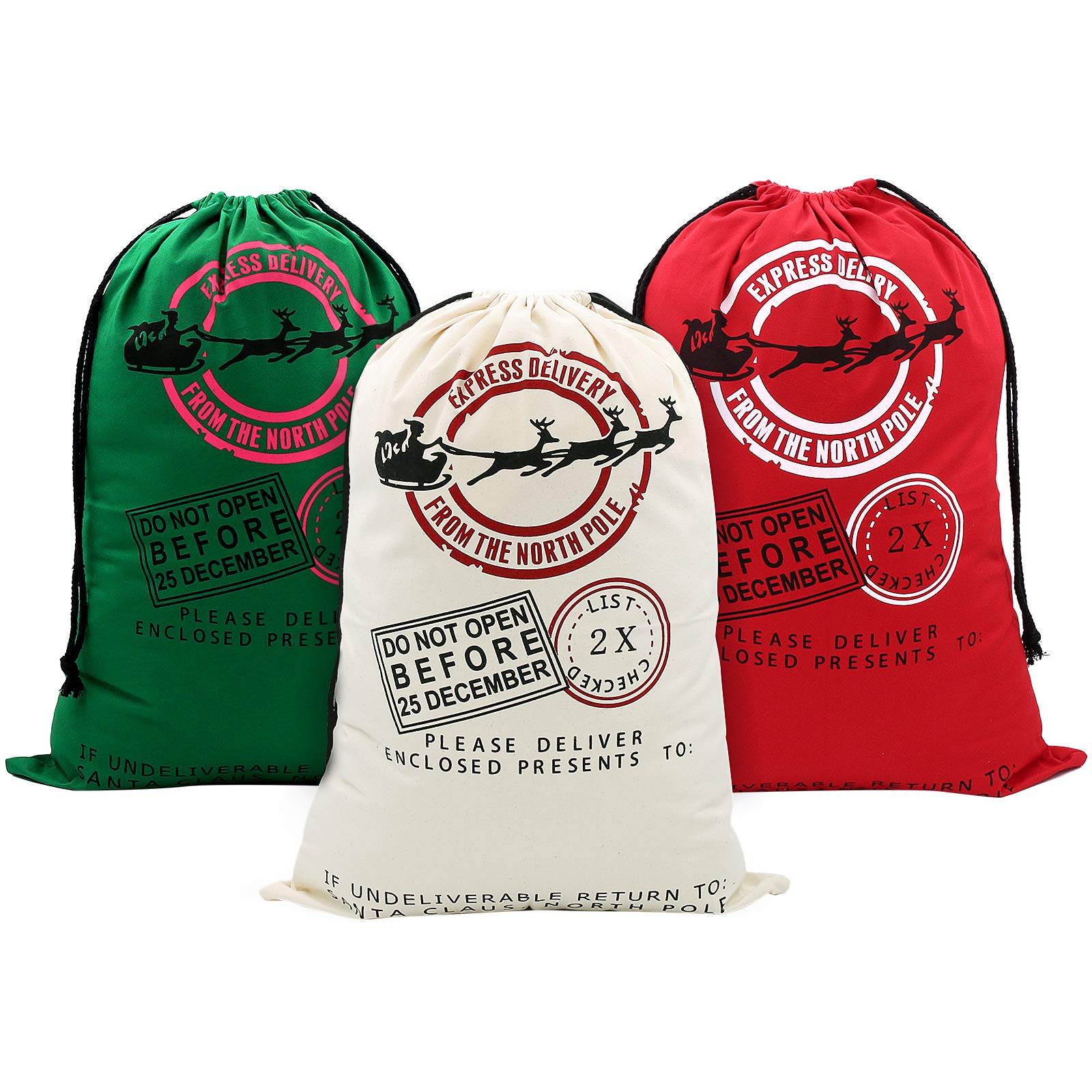 SumDirect 3Pcs Christmas Bag Santa Sack Large Canvas Bags with Drawstrings for Large Xmas Package Storage, Event Party Supplies Cotton Bag Party Favors Gift Bags 50x70 cm