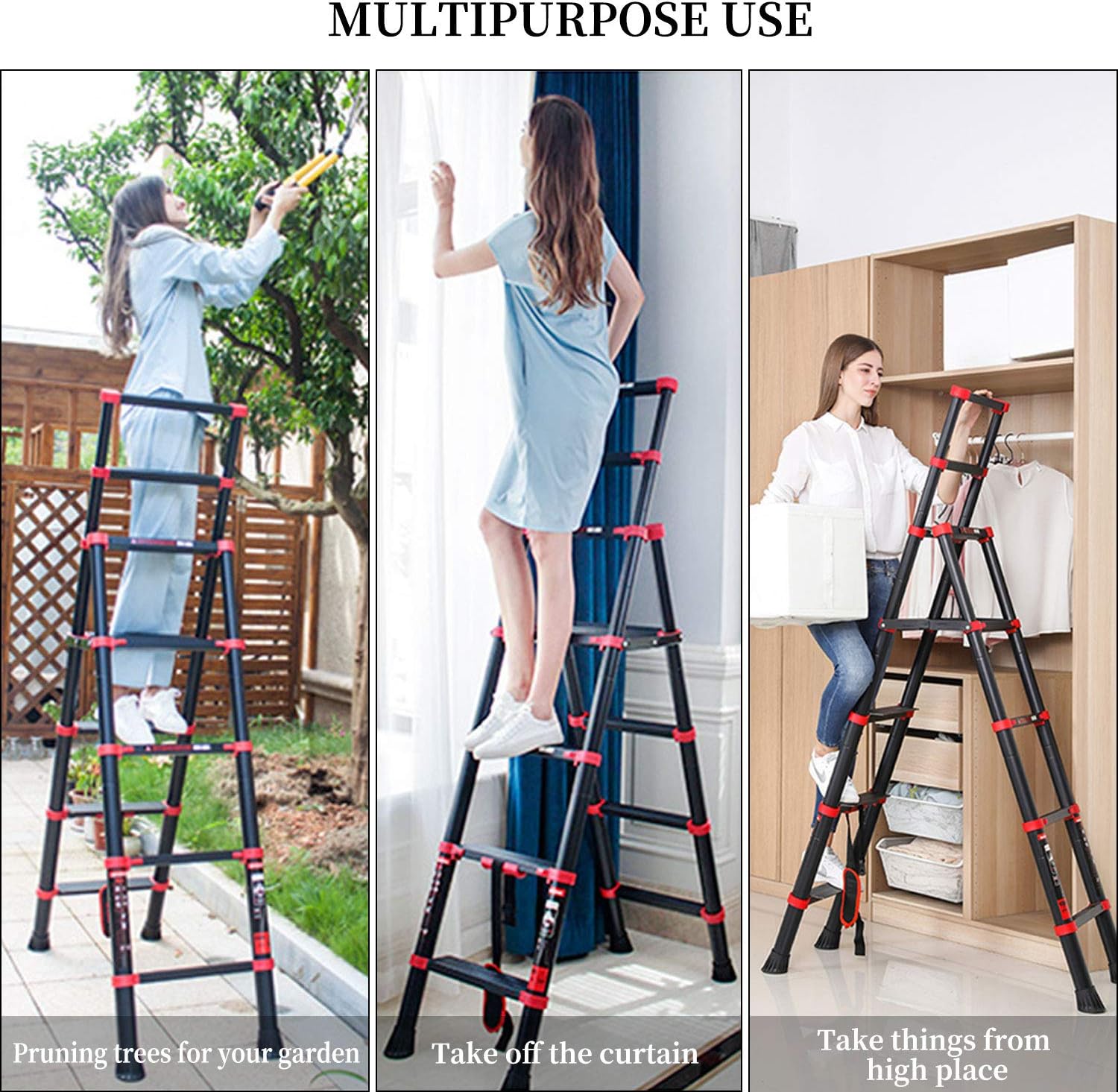 charaHOME Telescoping Ladder A-Frame Aluminum Extension Ladder Lightweight Portable Multi-Purpose Folding Ladder with Detachable Tool Tray, 330 Pound Load Capacity - - 