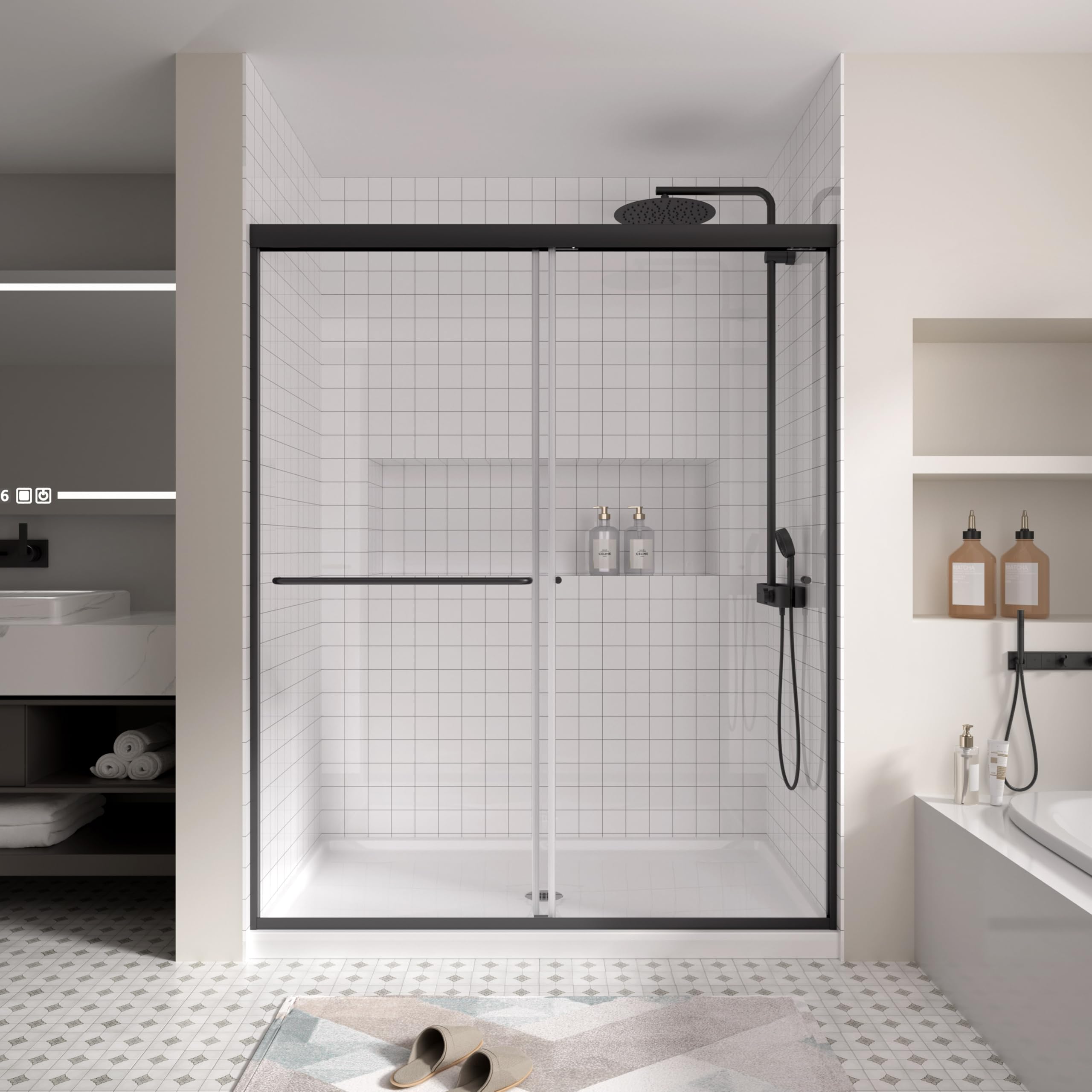 Photo 1 of *MINOR DAMAGE - USED*
Sliding Glass Shower Door, 56-60” W x 72” H 1/4 ” 6mm Semi-Frameless Shower Doors Shower Screen for Walk in Shower, SGCC Tempered Glass Retractable Bathroom Door, Matte Black