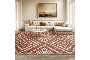 BESTSWEETIE 8x10 Area Rugs Moroccan Rug 8x10 Rugs Farmhouse Rug Machine Washable Rugs Non-Slip Low Pile Ultra Soft Faux Wool for Living Room Bedroom Indoor Redbrown