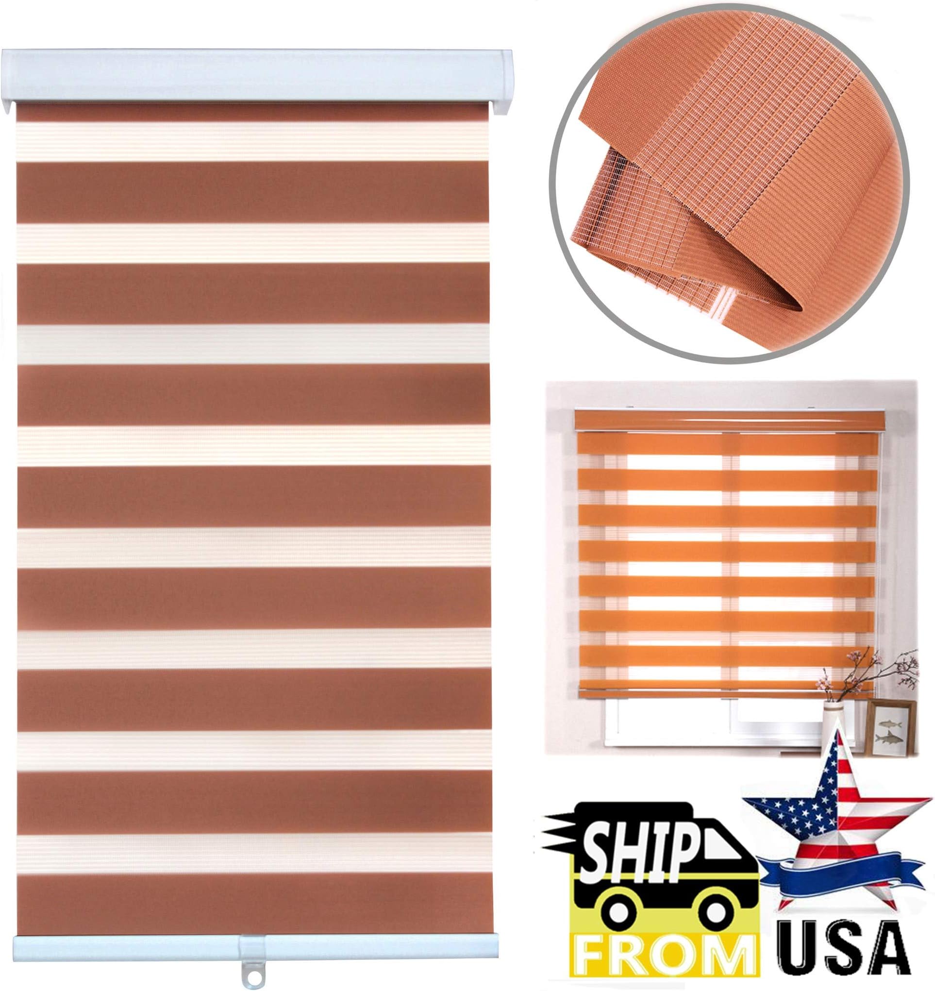 SMT- [(W) 72“ x (H) 72”] Brown Zebra Roller Blinds Shades, Dual Layer, Cordless, Sheer or Privacy Light Control, Day and Night Window Drapes, Easy to Install, Striped Dove [P/N: ET-ZB-BR-72]
