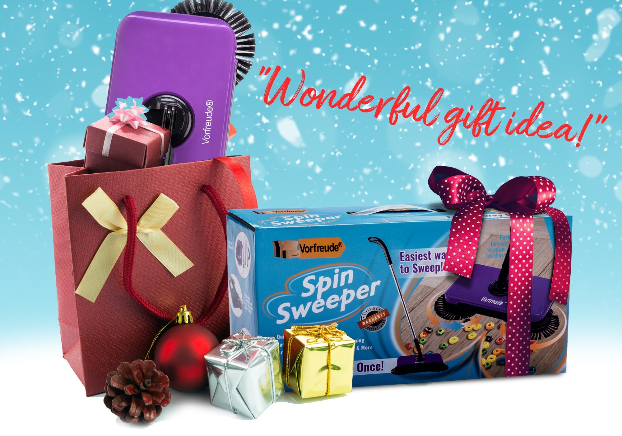 Vorfreude Pro Spin Sweeper Automatic Hand Push Broom – Cordless Stick Vacuum Manual Triple Brush Rotary Floor Spinbrush - Reusable Cleaning Dust Pan Pad - 360 Swivel Rotating Handle - 900 ml Bin