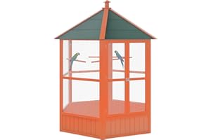 PawHut 70" Bird Cage, Wooden Parrot Cage, Large Hexagonal Outdoor Aviary with Water-Resistant Asphalt Roof, Doors, Brown
