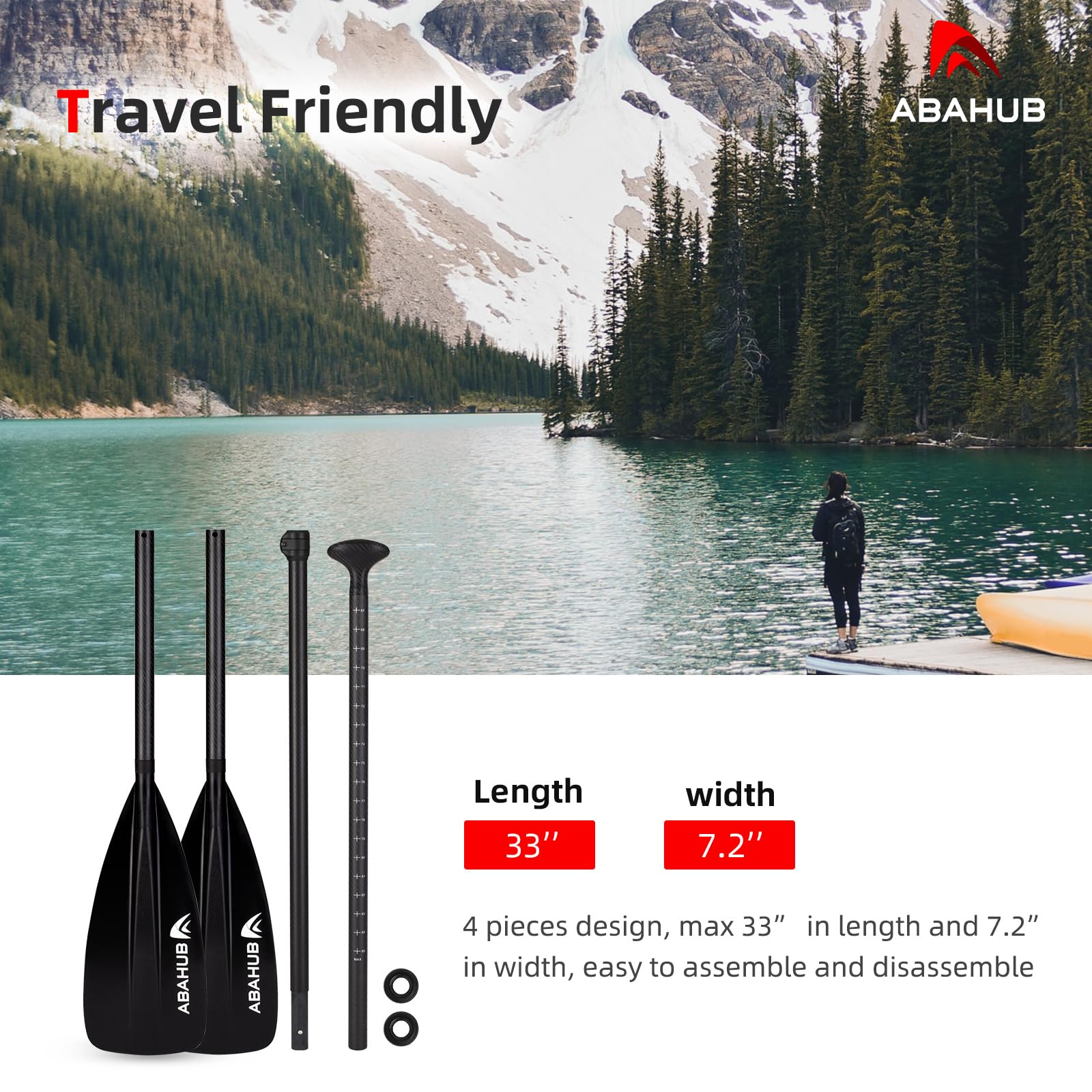 Abahub 1 x 4 Section Carbon SUP Paddle/Kayak Oar, Adjustable Stand up Paddleboard Paddles, Lightweight Carbon Shaft Black/Blue/Green/Gray/Orange/Red Plastic Blade