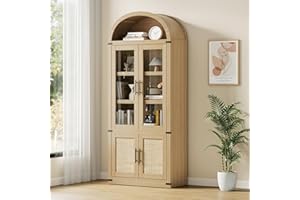 Modern Arched Entryway Storage Cabinet – 6-Tier Freestanding Bookcase with 2 Glass & 2 Rattan Doors, Display Shelves for Livi
