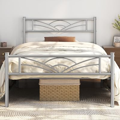 Yaheetech 3ft Single Bed Metal Frame Cloud Headboard Silver Slats