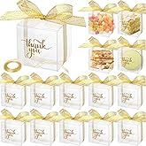 Thyle 200 Pcs Clear Gift Boxes Plastic Favors Box with Lid Ribbon Thank You Signs Transparent Treat Boxes for Party Favors Macaron Candy Dessert Cupcake Gift Wrap Boxes(2 x 2 x 2 Inch)