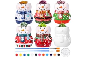Pasimy 6 Set Ceramics to Paint DIY Ceramic Succulent Planter Pots Paint Your Own Flower Pots Craft Kit Unpainted Bisque Flowerpot with Brush Palette Christmas Gifts for Family Activity(Snowman)