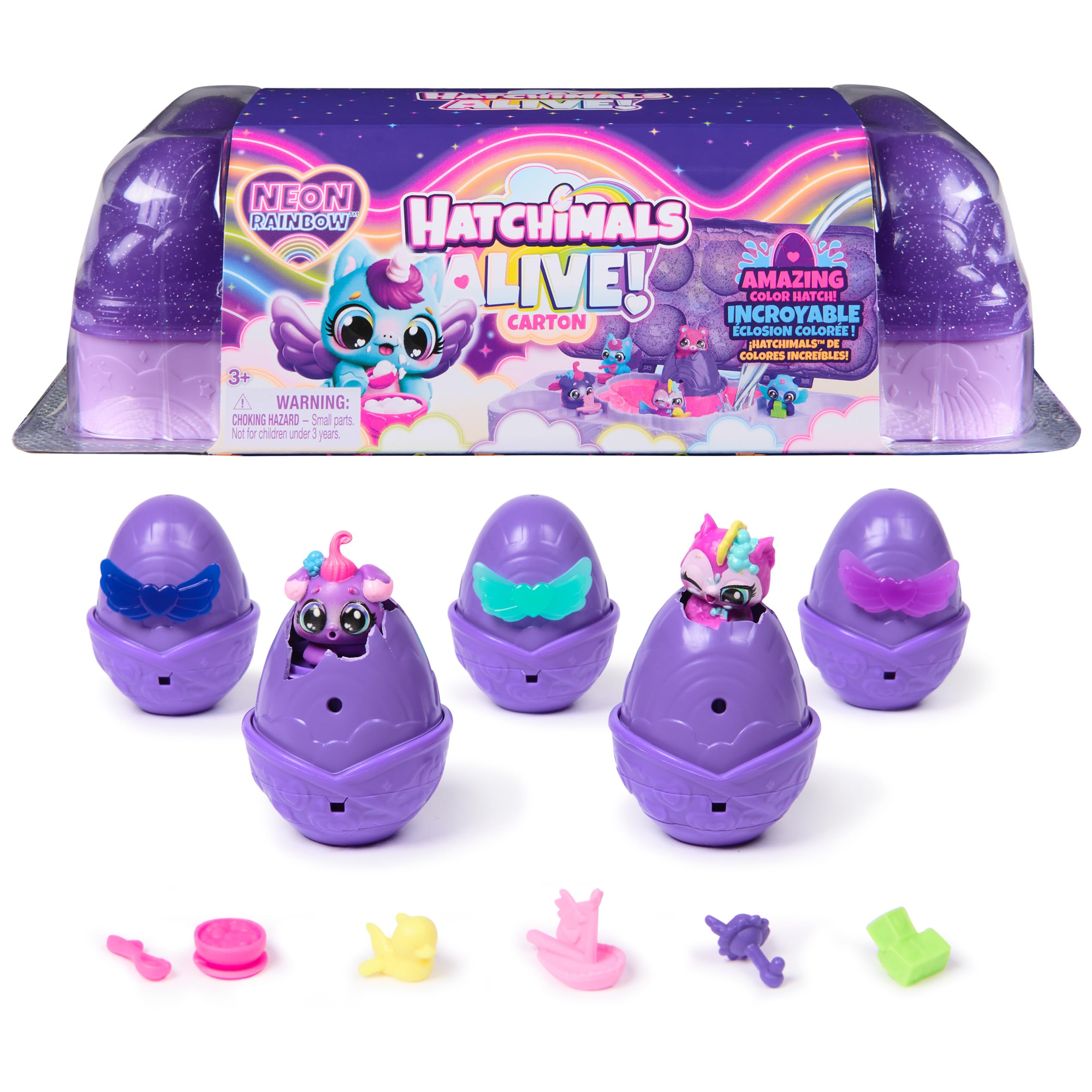 Hatchimals Alive, Neon Rainbow Egg Carton Toy with 5 Mini Figures in Color Reveal Eggs & 11 Accessories, Gifts & Stocking Stuffers for Girls & Boys Ages 3 & up