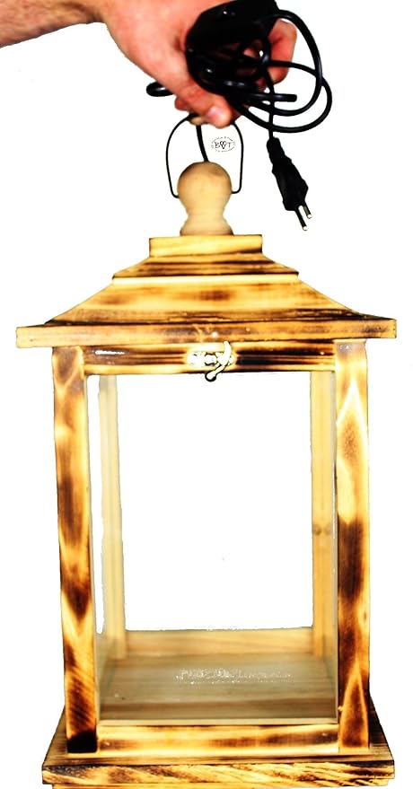 Große Holzlaterne, Laternen, komplett mit Beleuchtung, mit Glas und Holz - Rahmen, mit Holz - Deko KL-OFOS-GEFLAMMT aus Holz 