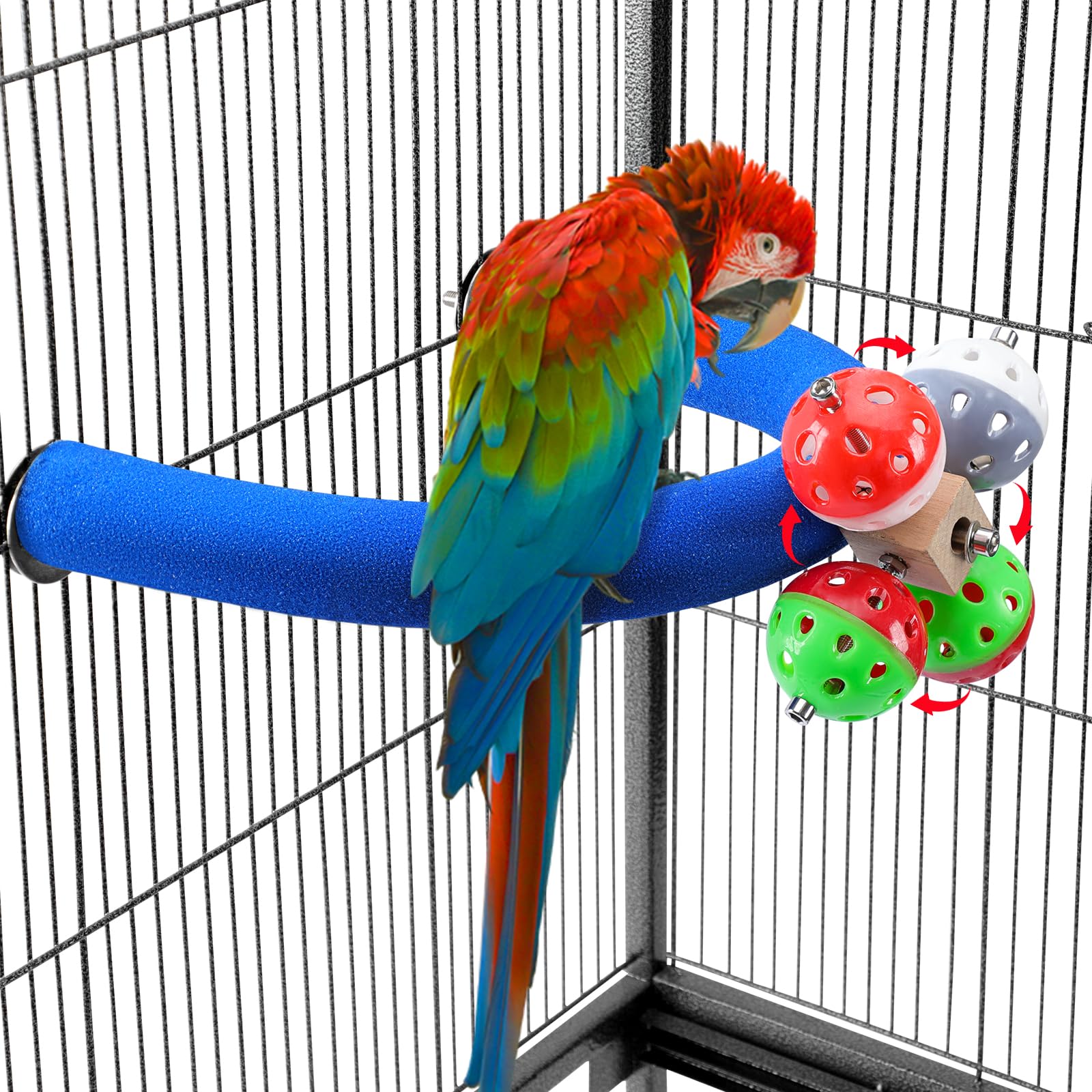 TeTupGa Parrot Perch Stand with Rotating Bell Balls, U Shape Quartz Sands Bird Stick Paw Grinding Rough-surfaced Large Bird Perches for Parakeets,Macaw,Parrots Cages Toy (Blue Rotate)